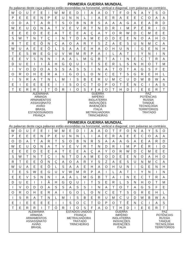Caça Palavras Primeira Guerra Mundial | PDF