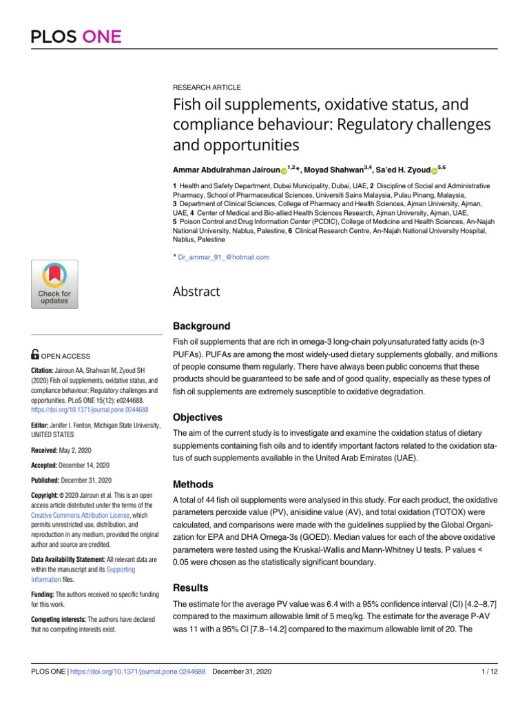 Fish Oil Supplements Oxidative Status and Complian | PDF