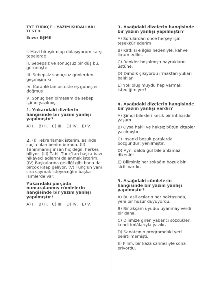Tyt Turkce Yazim Kurallari Test Sorulari Ve Cevaplari 4 | PDF