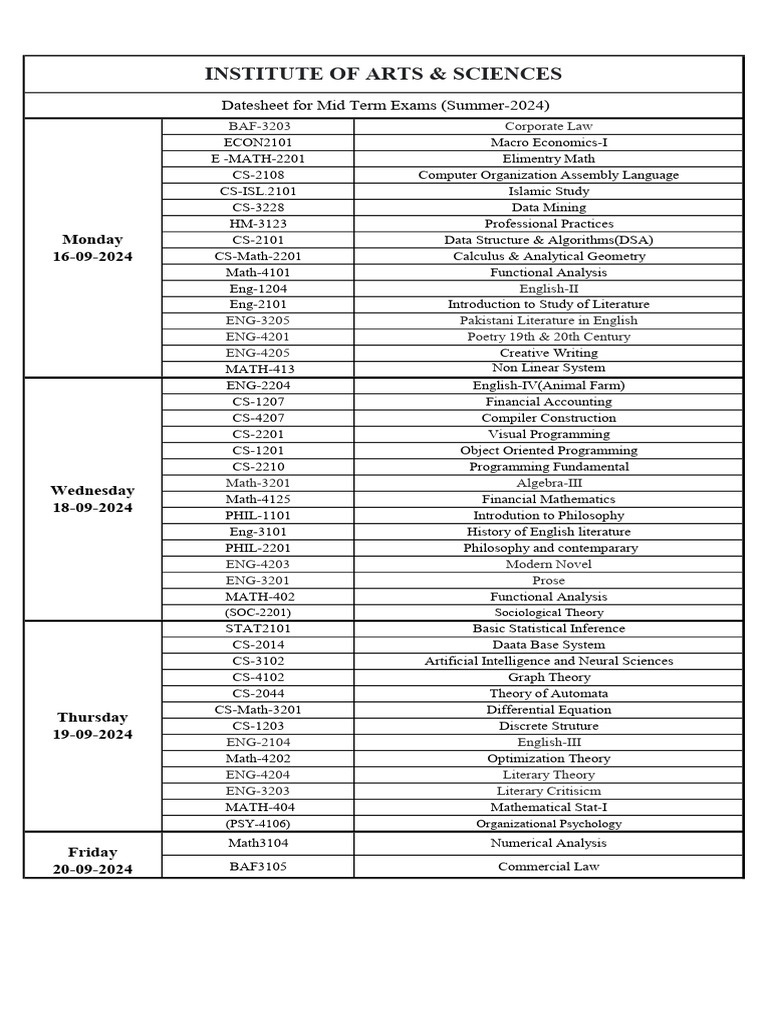 Datesheet For Mid Term Exams Summer 2024 | PDF
