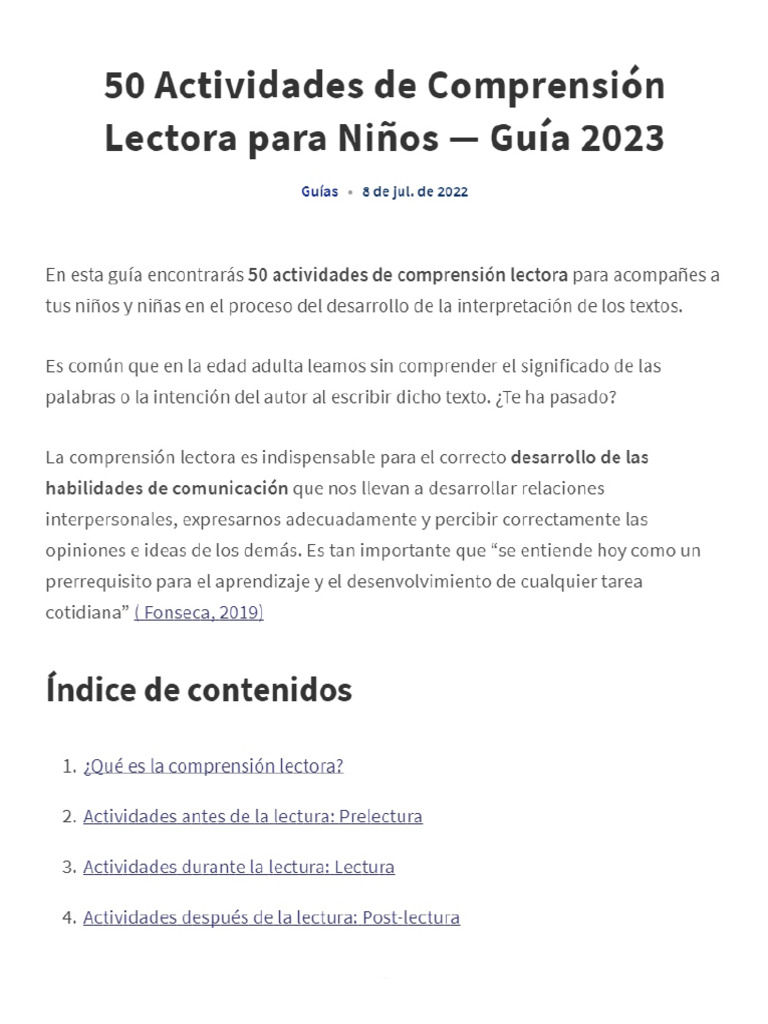 50 Actividades de Comprensión Lectora para Niños - Guía 2023 | PDF