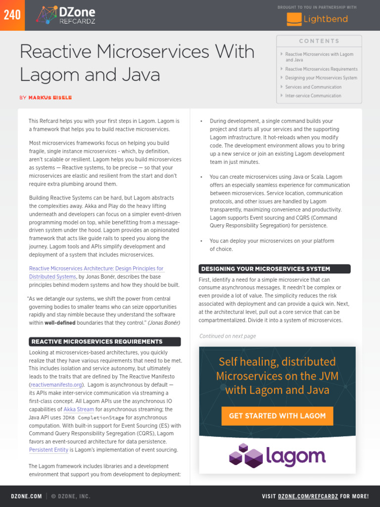 Dzone rc240 Reactivemicroserviceswithlagomandjava | PDF