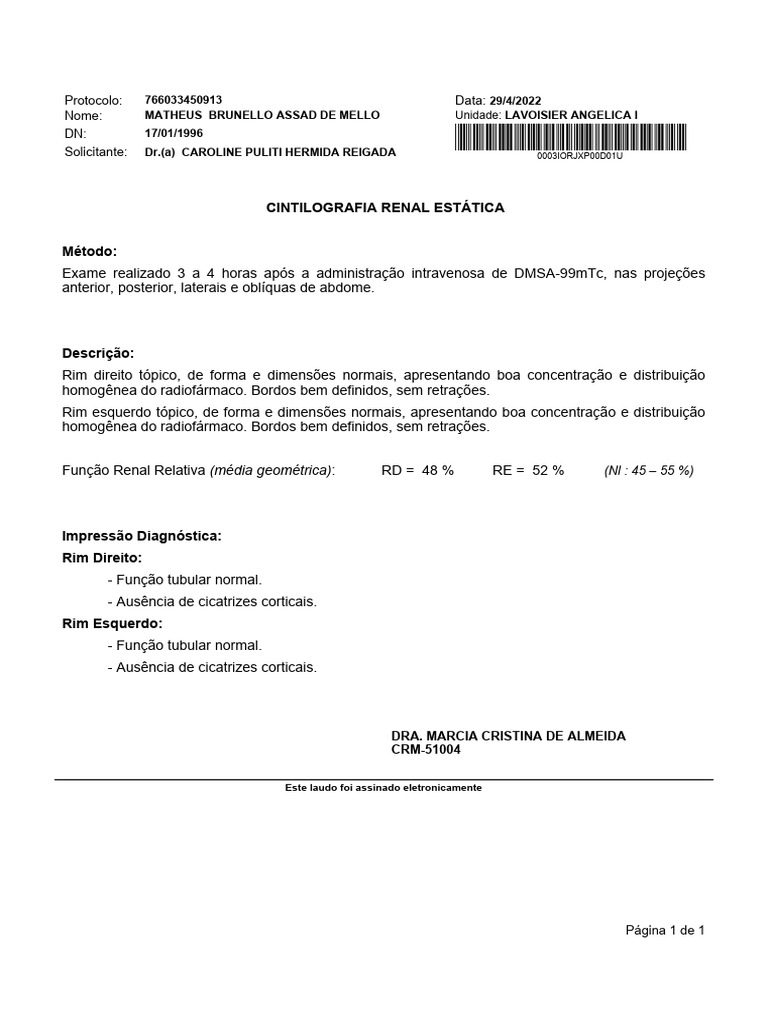 CINTILOGRAFIA RENAL COM DMSA (Laudo) | PDF