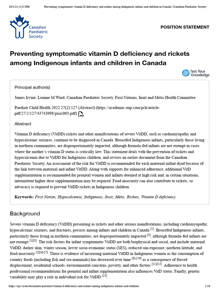 Preventing Symptomatic Vitamin D Deficiency and Rickets Among ...