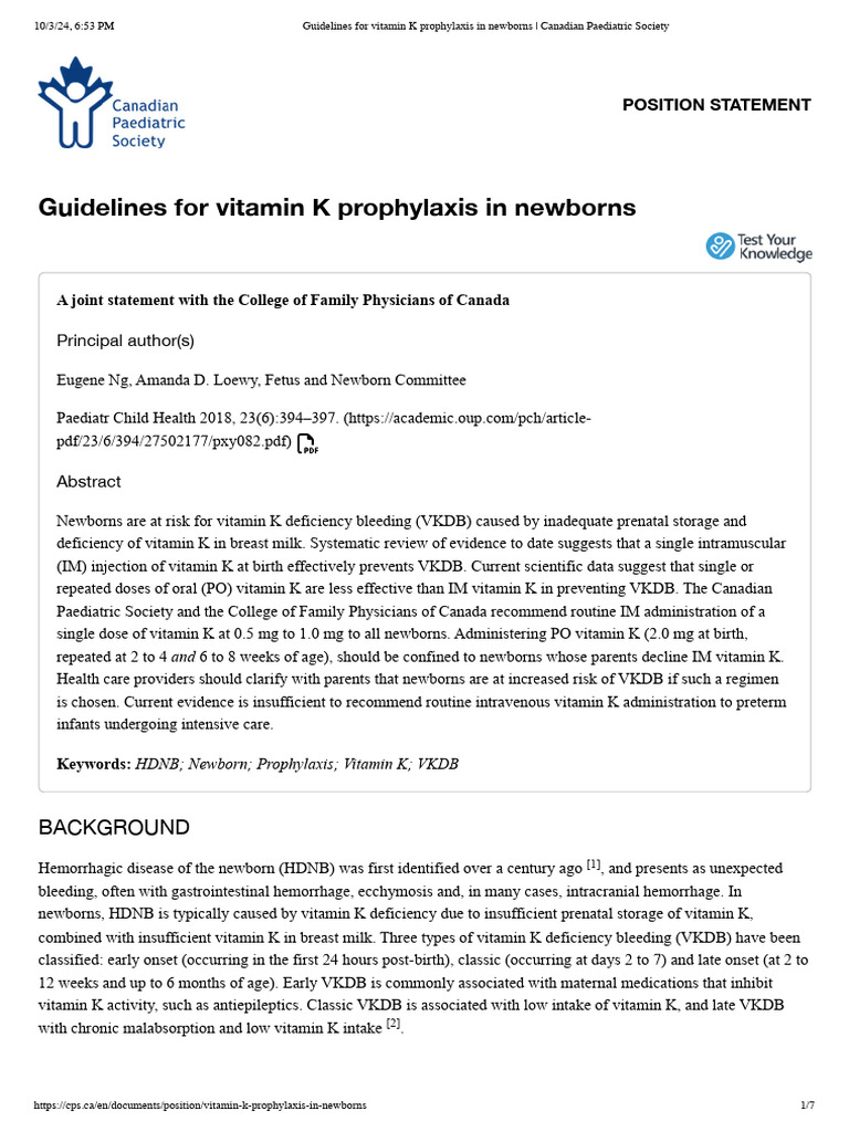 Guidelines for vitamin k prophylaxis in newborns canadian paediatric