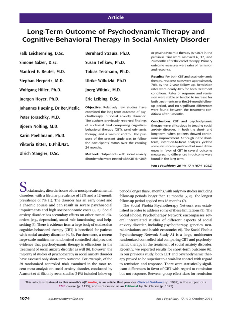 Leichsenring Et Al 2014 Long Term Outcome of Psychodynamic Therapy and ...