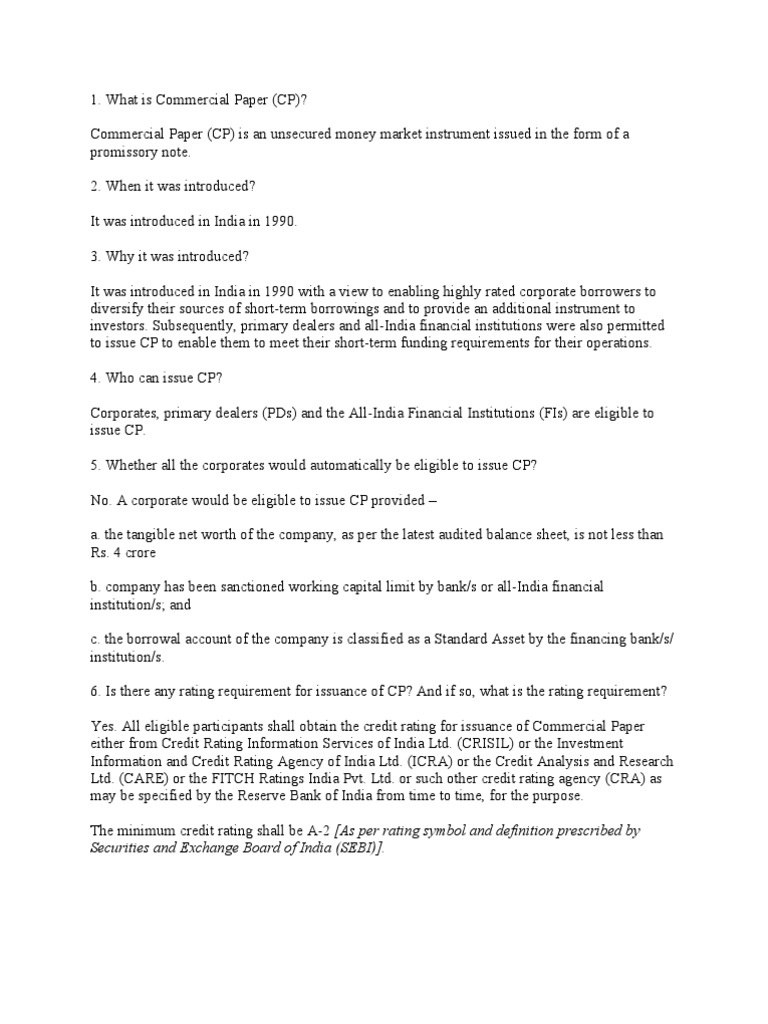 RBI Commercial Paper FAQ PDF Securitization Commercial Paper