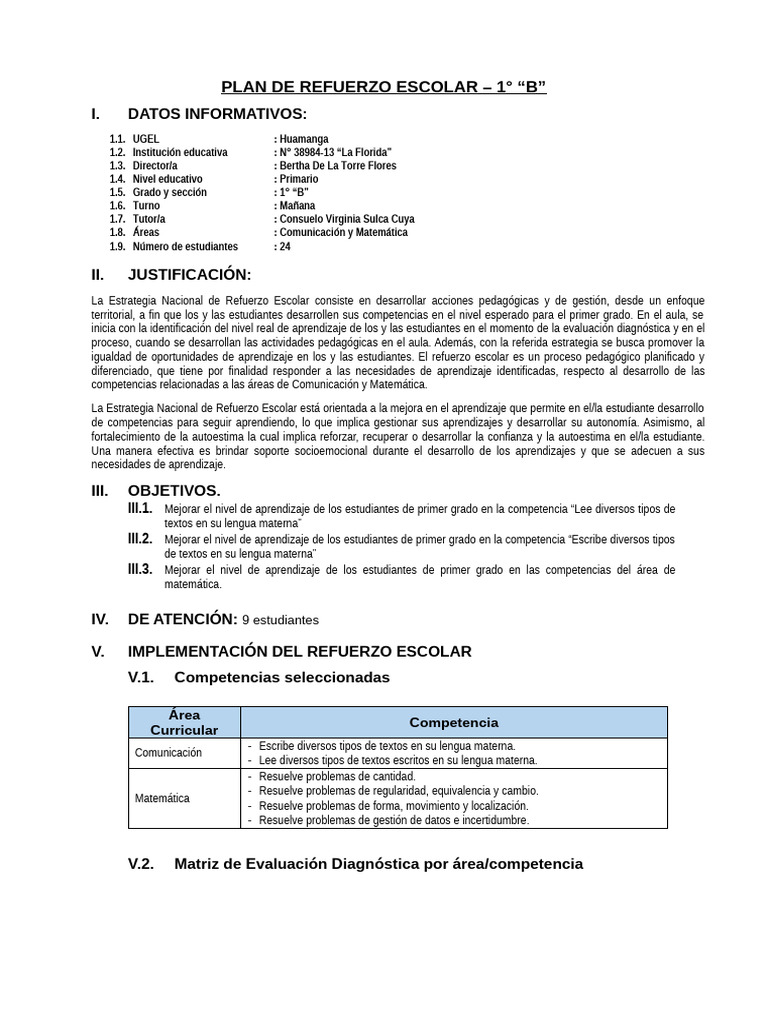 Plan de Refuerzo Escolar Primer Grado B 2024 para Entregar | PDF