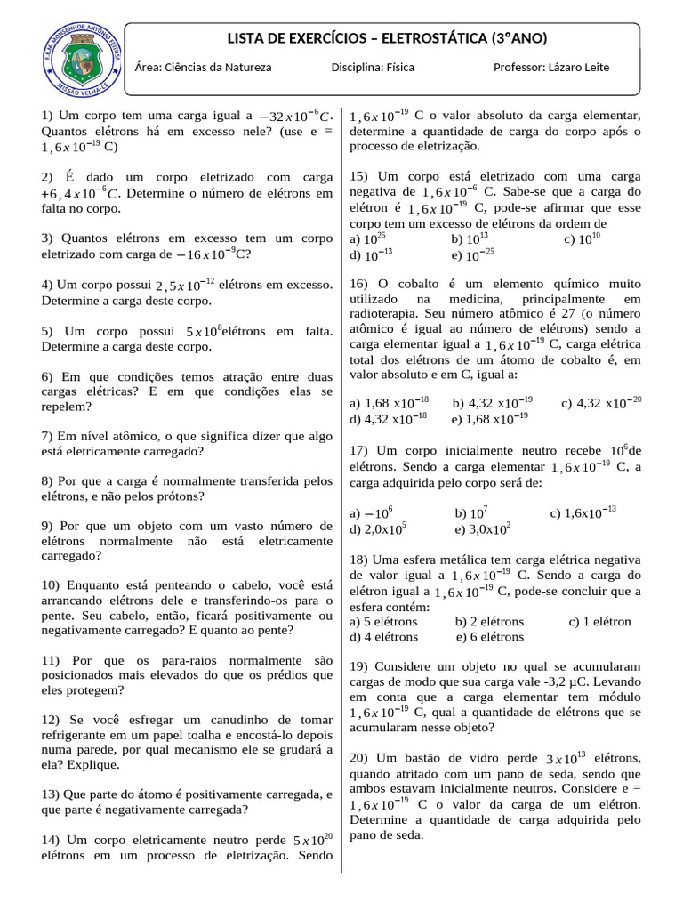 Exercícios de Eletrostática para 3º Ano | PDF | Elétron | Carga elétrica