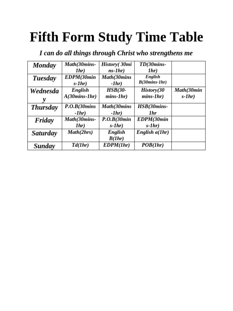 fifth-form-study-time-table-pdf
