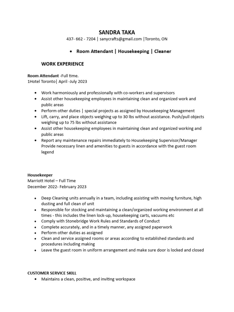 Room Attendant Resume | PDF