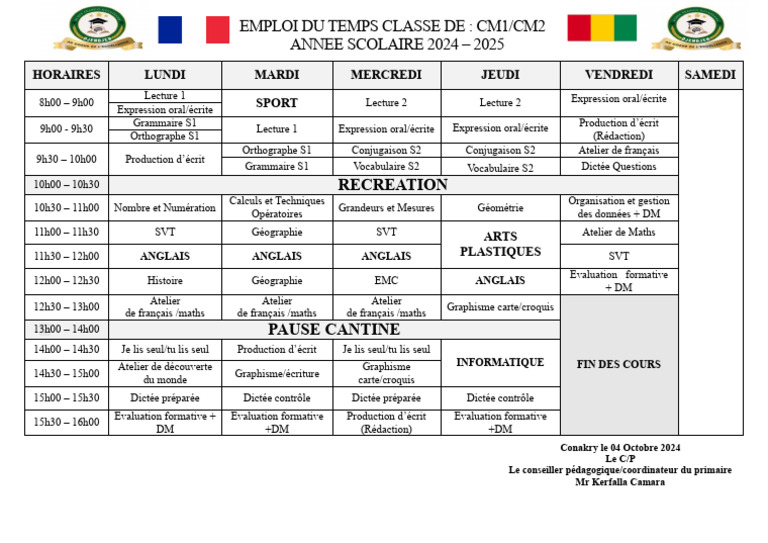Emploi du Temps CM1/CM2 2024-2025 | PDF