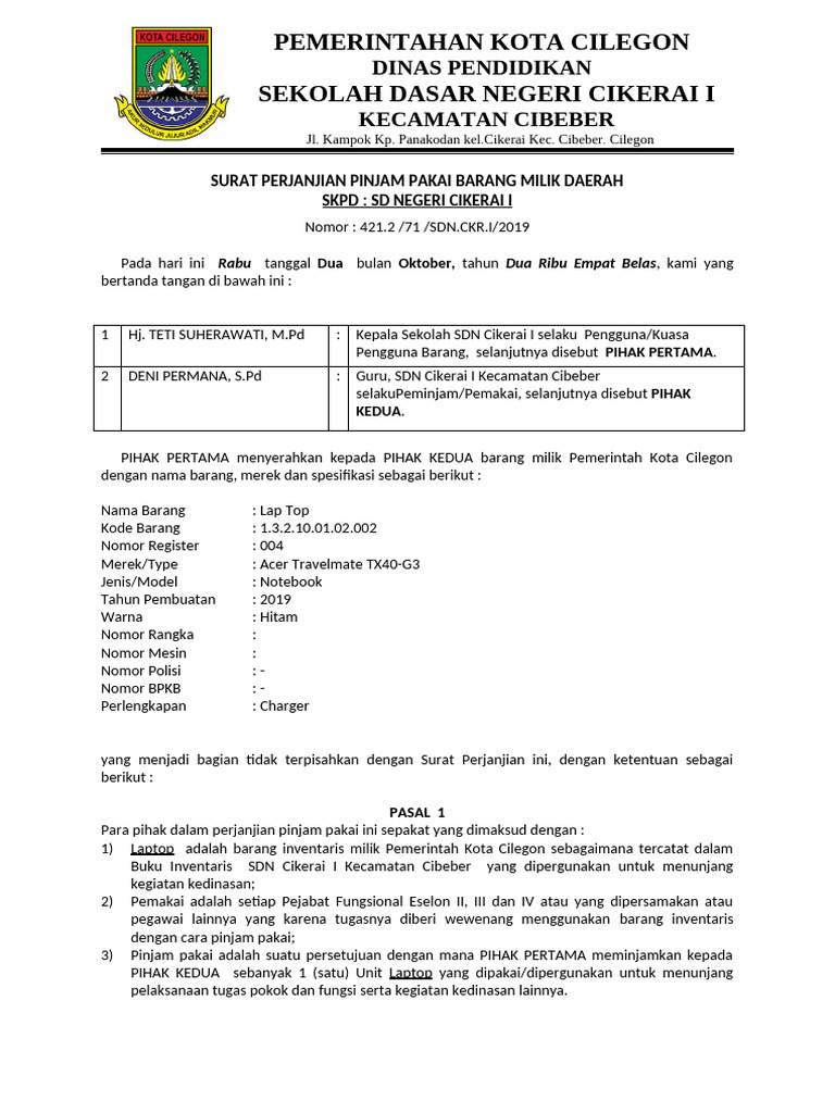 Format Surat Perjanjian Pinjam Pakai APK (oke) PDF