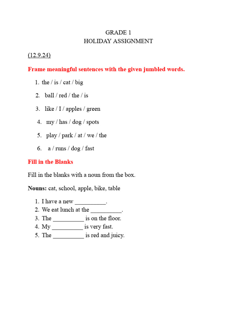 Grade 1 Holiday Assignment Activities | PDF | English Language ...