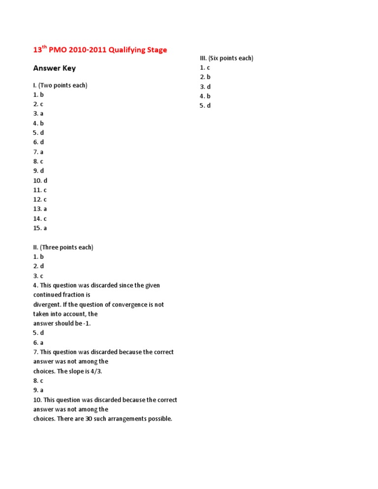 2010-2011 PMO Qualifying Stage Answer Key | PDF | Mathematical Analysis ...