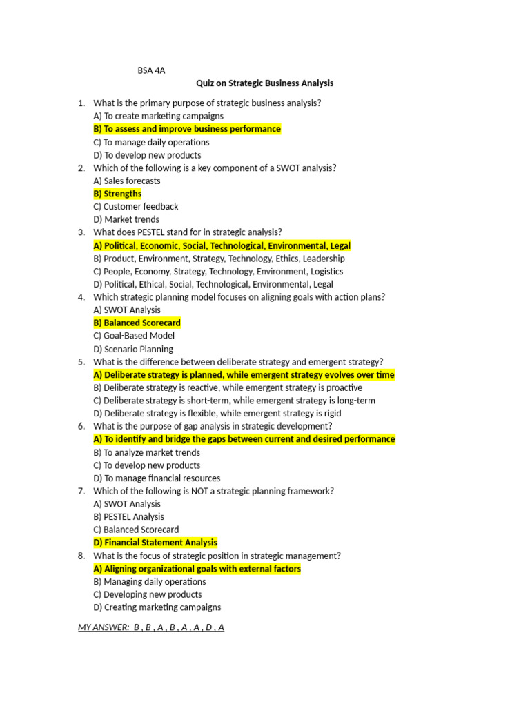 Quiz in Strategic Business Analysis | PDF