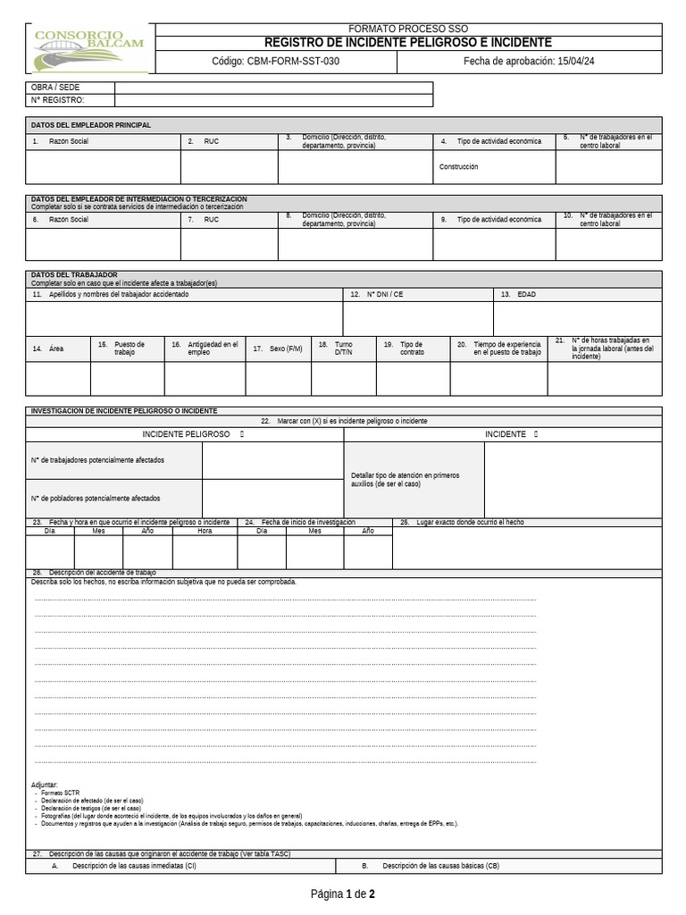 CBM-FORM-SST-030-Registro de Incidente e Incidente peligroso | PDF