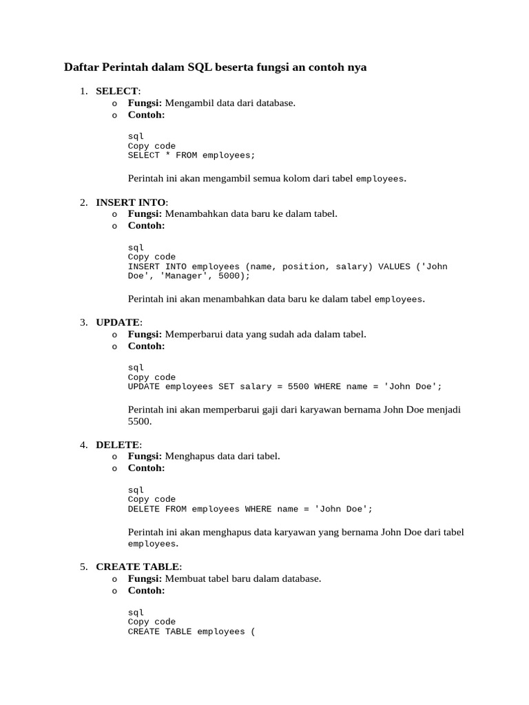 Daftar Perintah Dalam SQL Beserta Fungsi An Contoh Nya | PDF