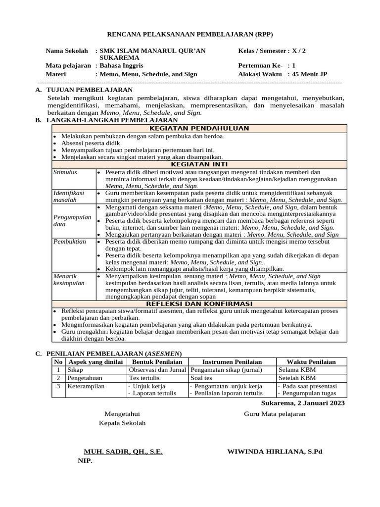 RPP 1- Memo, Menu, Schedule, And Sign _4 MEETINGS | PDF