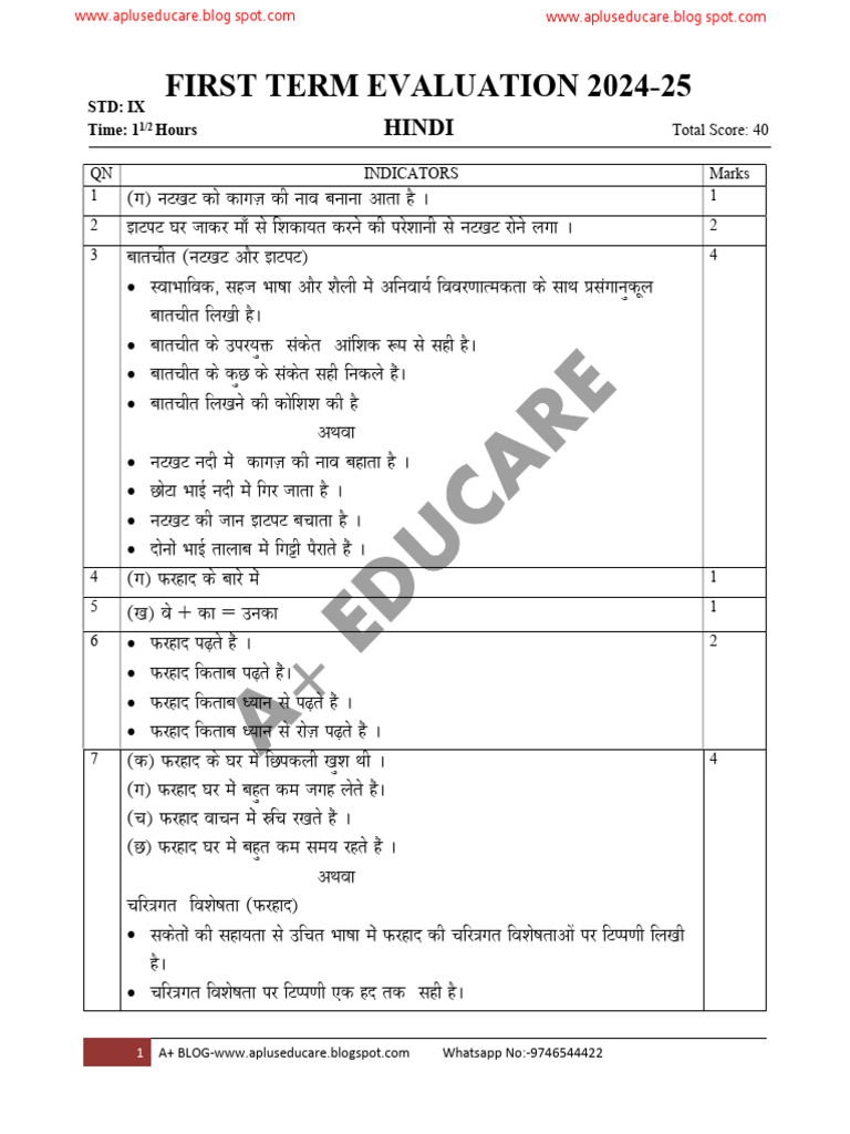A+ BLOG-STD-HINDI- FIRST TERM EXAM 2024-25 ANS KEY | PDF