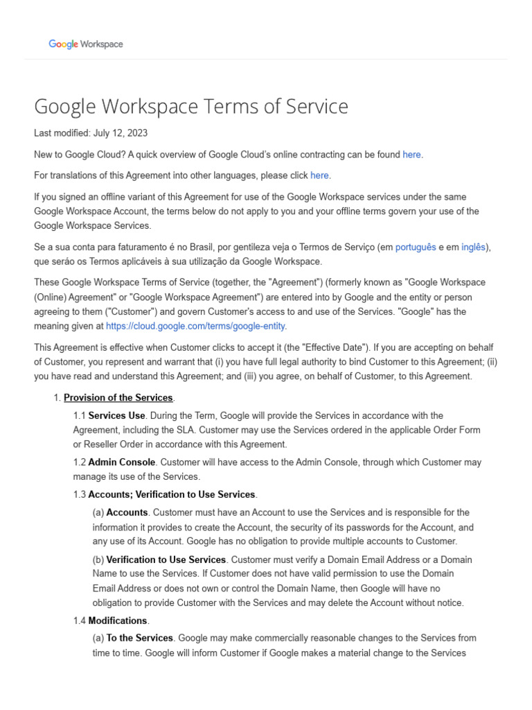Google Workspace Terms of Service - Google Workspace | PDF