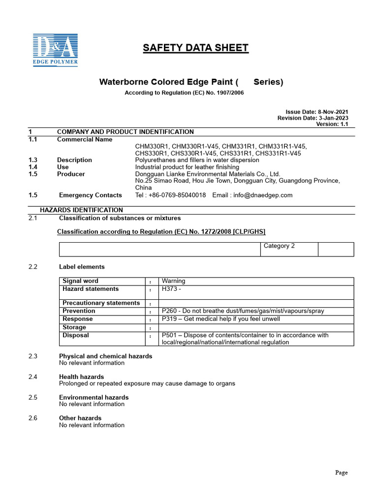 MSDS Waterborne Colored Edge Paint (CH Series) | PDF