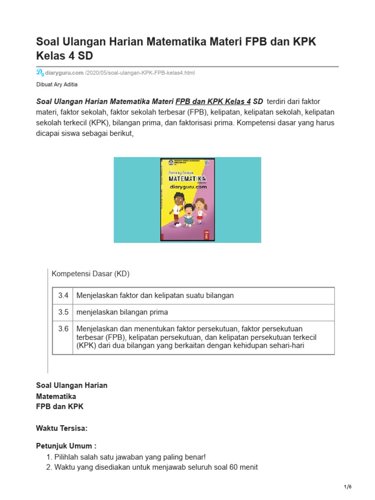 Soal Ulangan Harian Matematika Materi FPB Dan KPK Kelas 4 SD | PDF