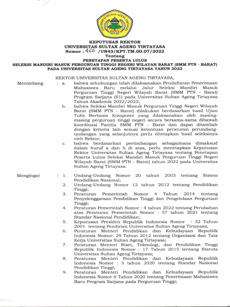 SK Penetapan Peserta Lulus SMM PTN Barat PD Untirta 2022 | PDF