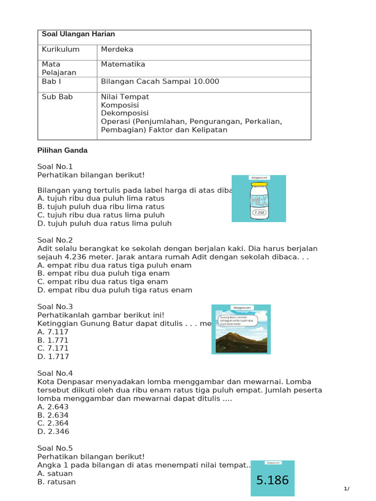Soal Matematika Kelas 4 Bilangan Cacah Sampai 10000 Kurikulum Merdeka | PDF