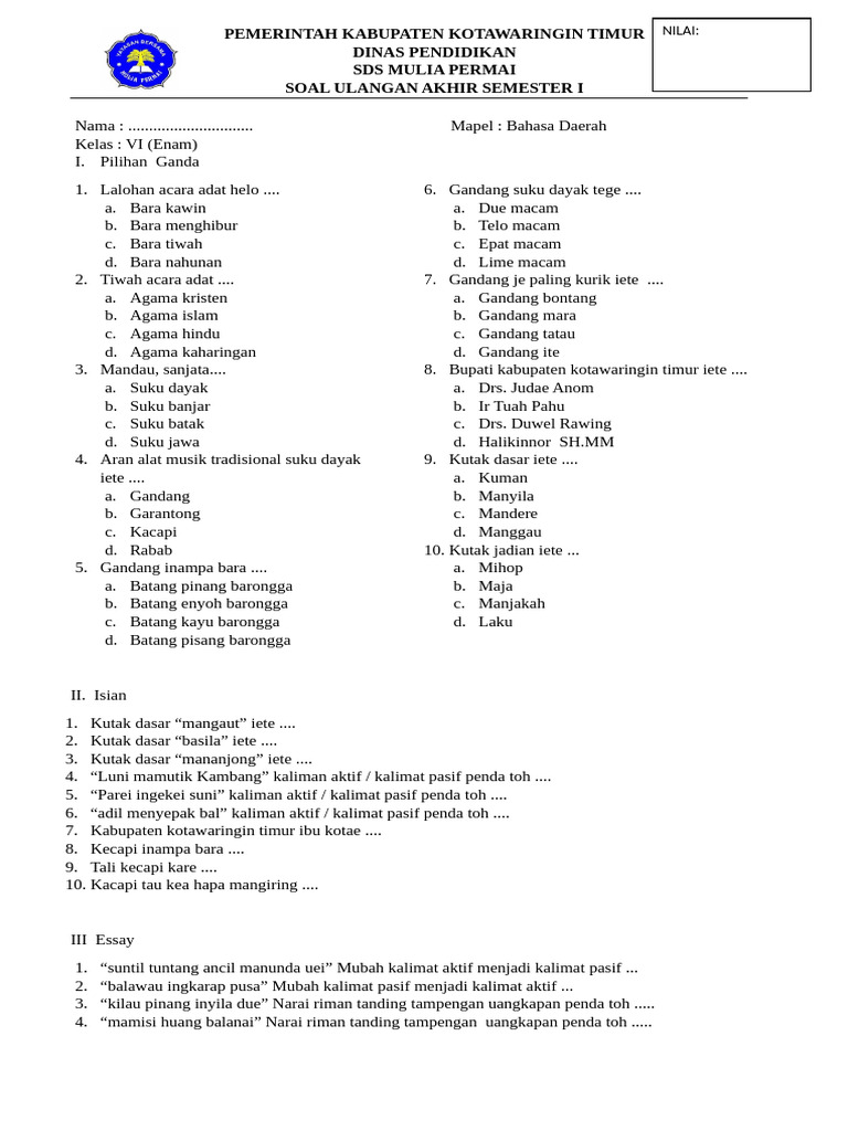 Soal UAS Bahasa Daerah Dayak | PDF | Borneo | Language Arts & Discipline