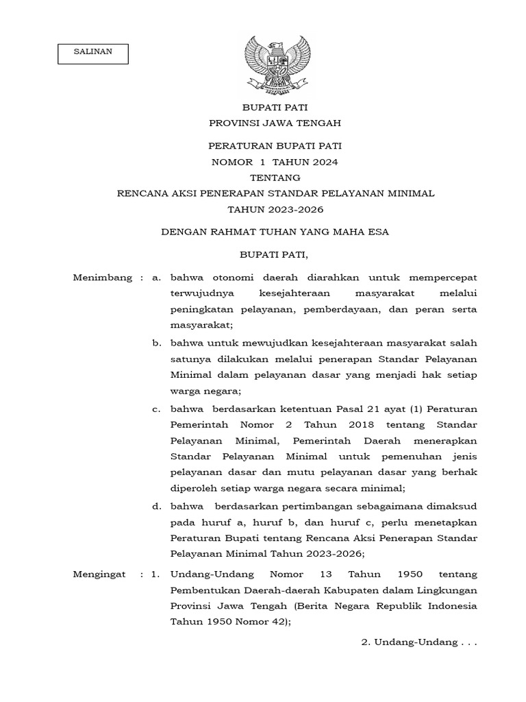 PERBUP NO 1 TH 2024 TTG Rencana Aksi Penerapan SPM Tahun 2023 - 2026 | PDF