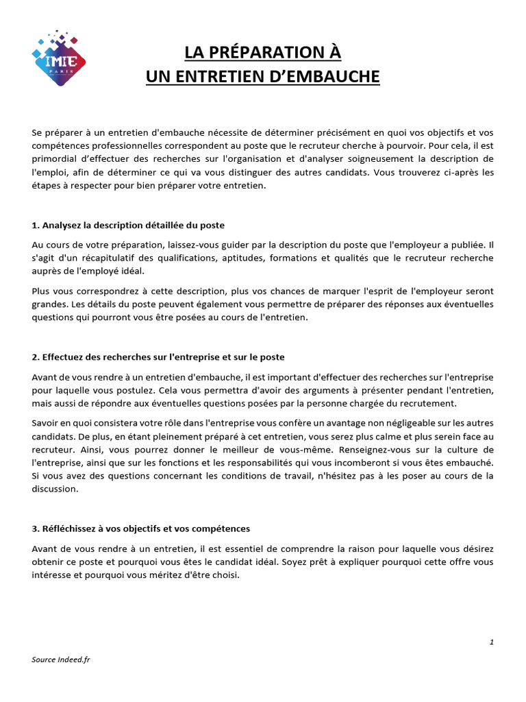 Préparation Entretien D'embauche - IMIE Paris | PDF | Recrutement ...