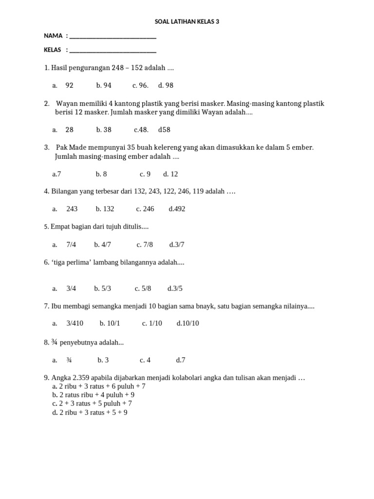 Soal Latihan Kelas 3 | PDF