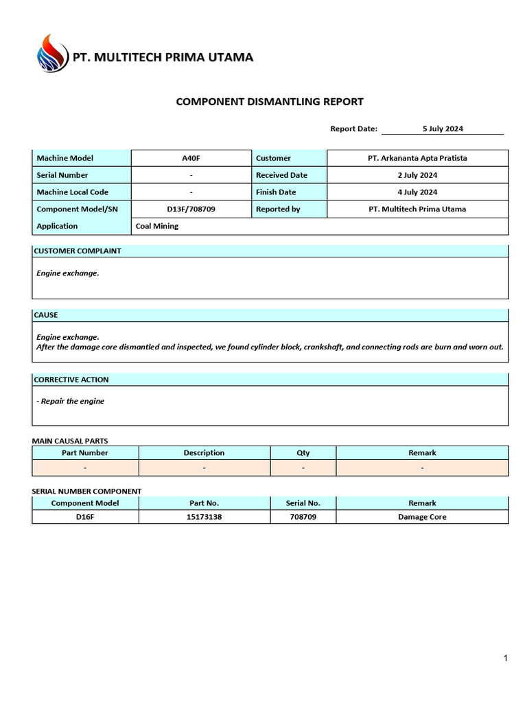 Dismantling Report Engine SN - 708709 - ARKA (PO Ref - 24023145) | PDF