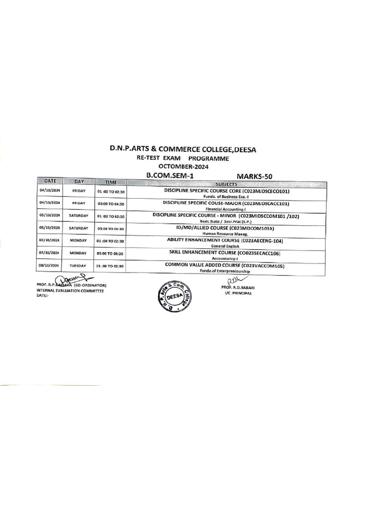 Bcom Sem 1 3 5 and Mcom Sem 1 3 Int Re Test Exam Time Table Sep 2024 | PDF