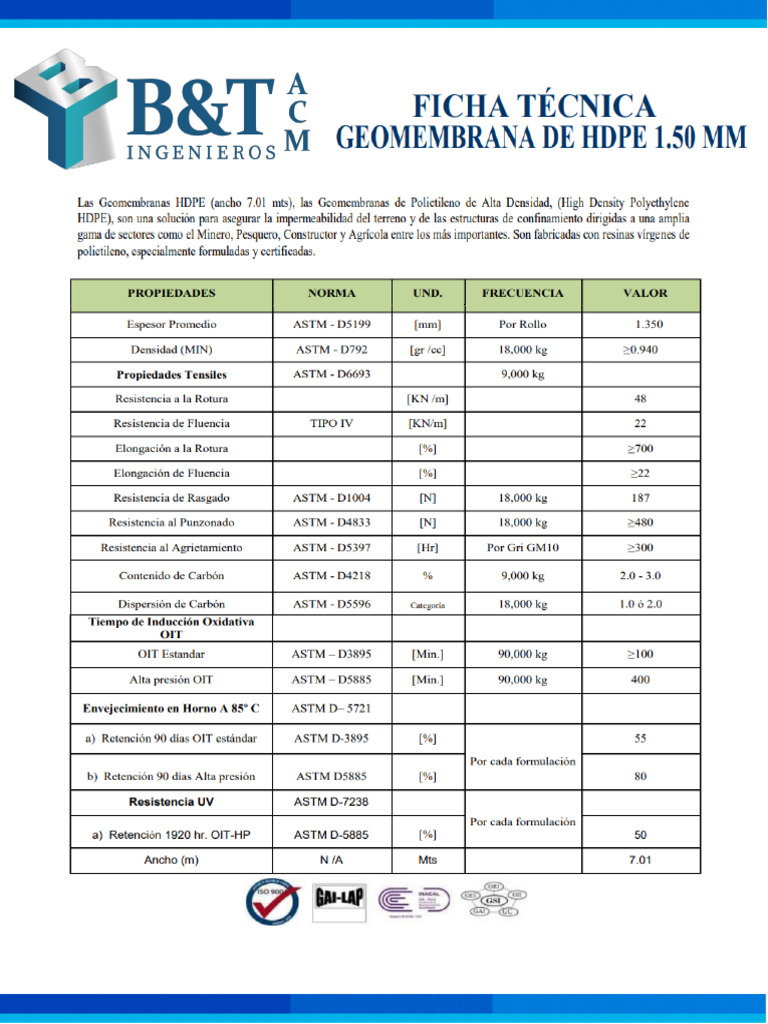 FICHA TECNICA GEOMEMBRANA HDPE DE 1.50MM | PDF
