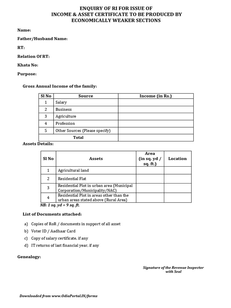 EWS Income & Asset Certificate Enquiry Form | PDF