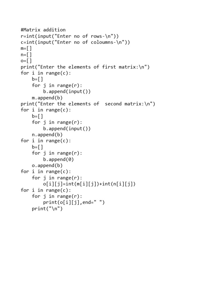 Python Addition For Matrix Addition With Taking The Resultant Matrix ...