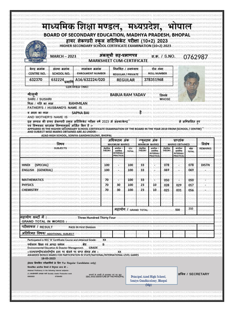 2023 Higher Secondary Marksheet MP | PDF | Vocational Education | Schools