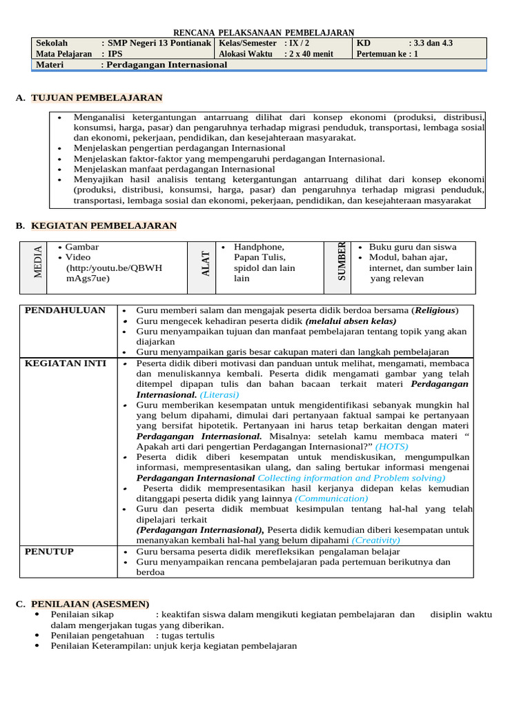 RPP Perdagangan Internasional (Pak Maryono) | PDF