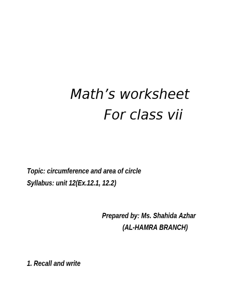 Maths Worksheet VII - ch.12 | PDF