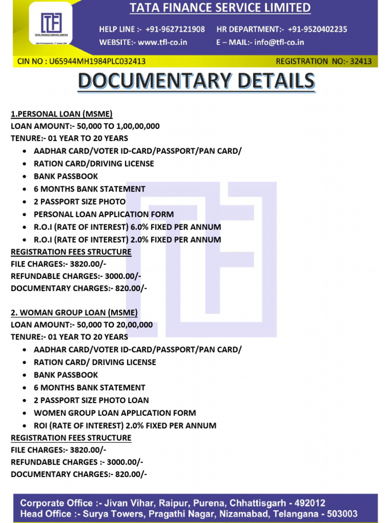 Tata Finance Service Limited Documentary Details . | PDF