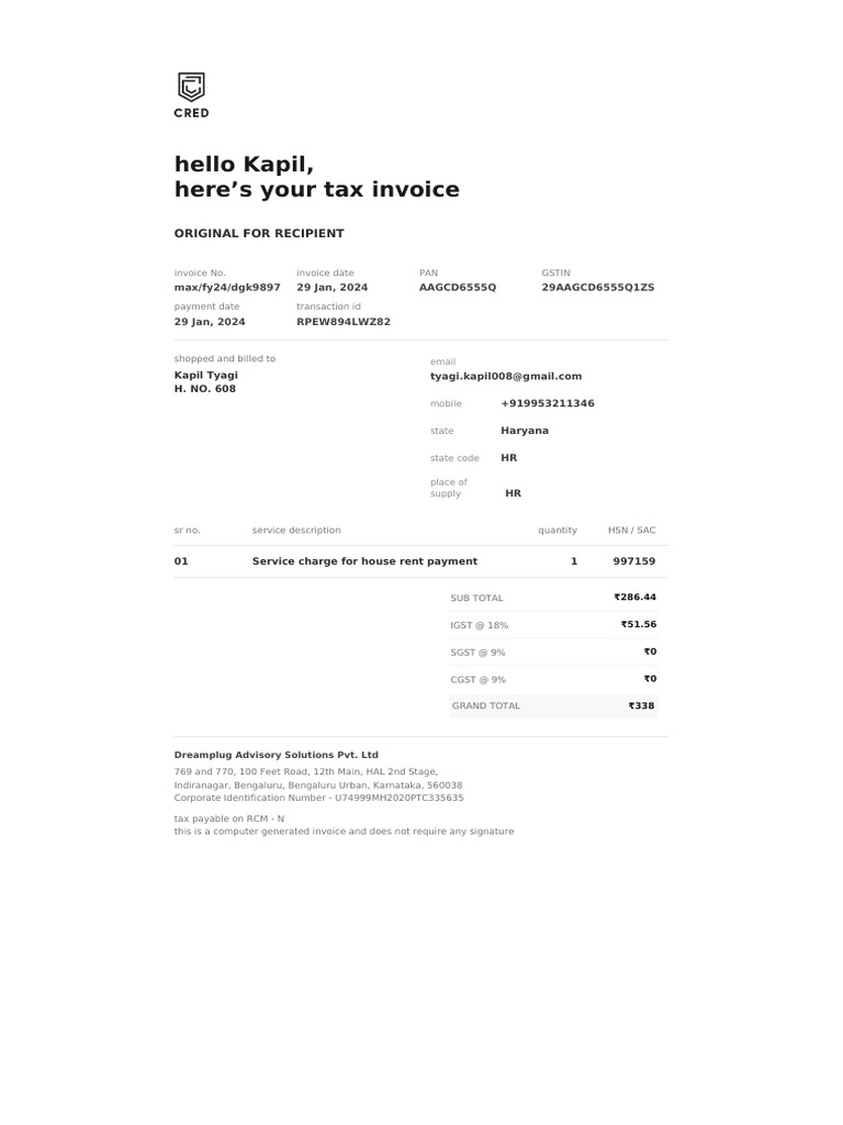 House Rent Invoice for Kapil Tyagi | PDF