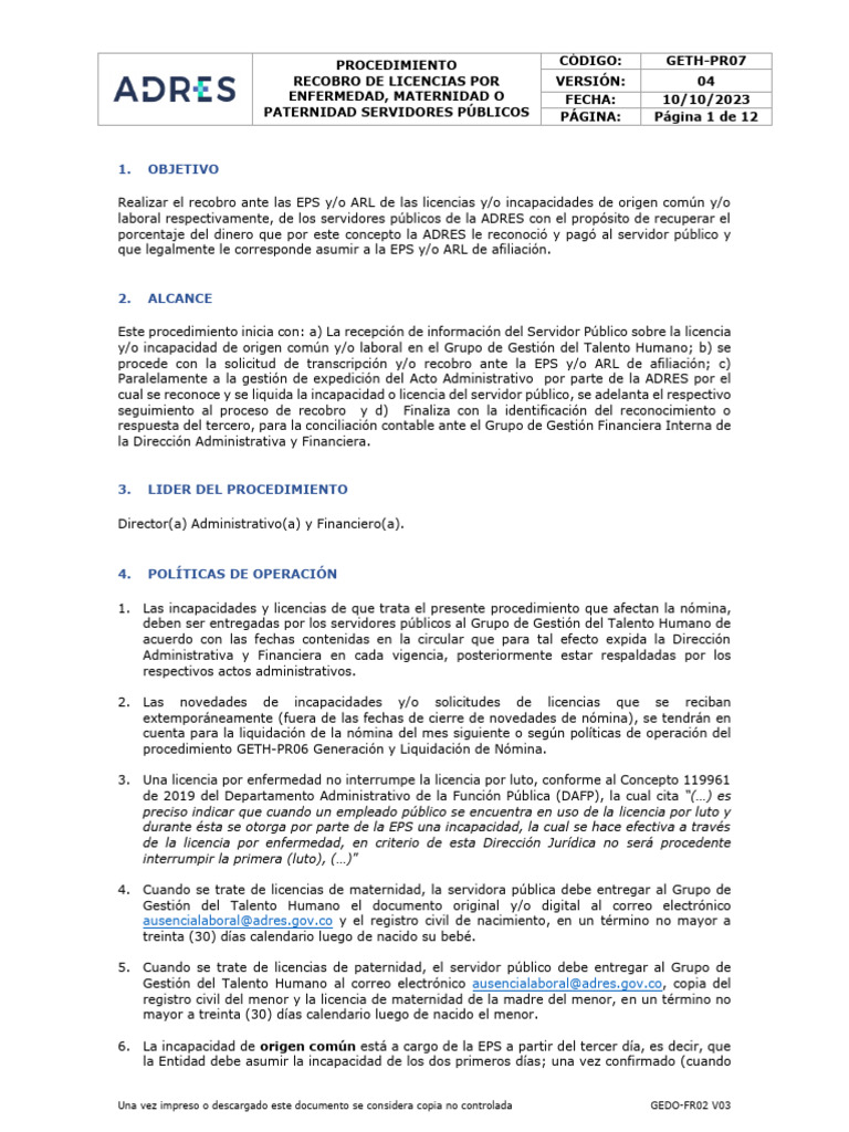 Procedimiento Recobro de Incapacidades | PDF