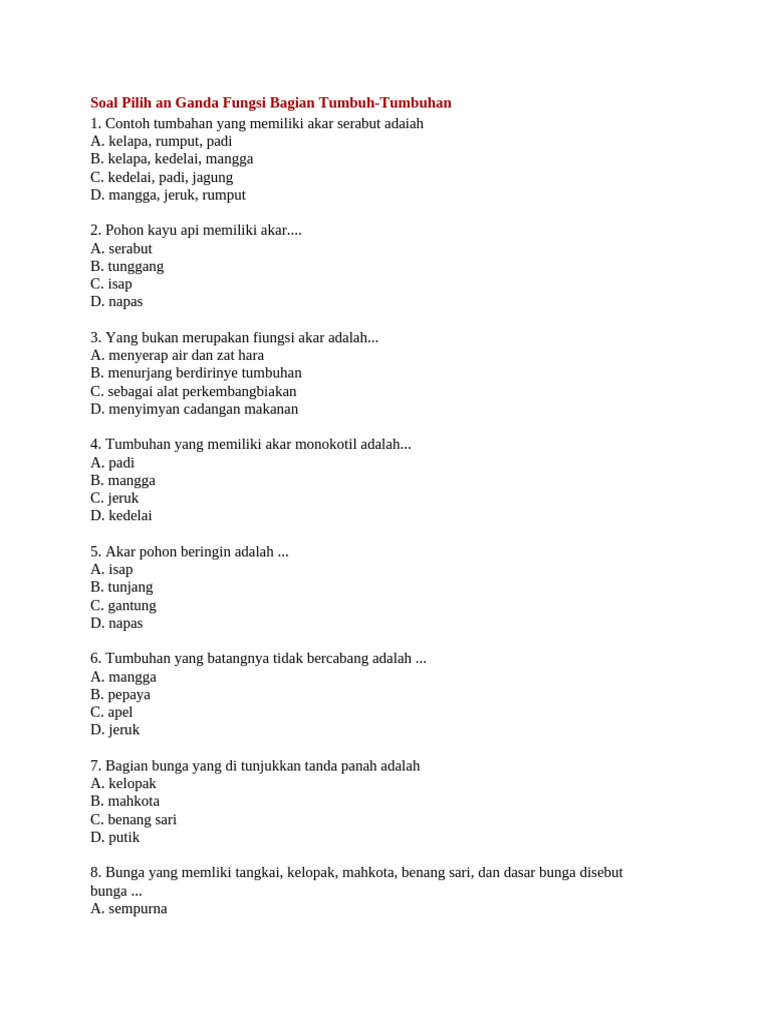 Soal Pilihan Ganda: Bagian Tumbuhan Kelas 4