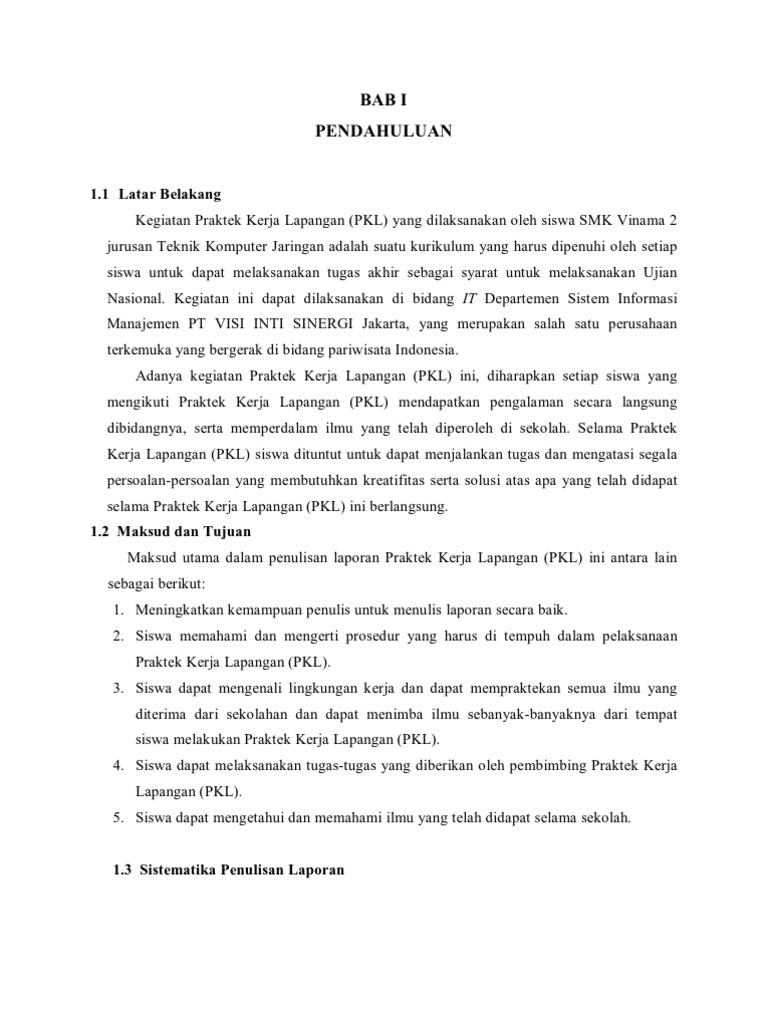 Contoh Bab 1 Laporan Pkl