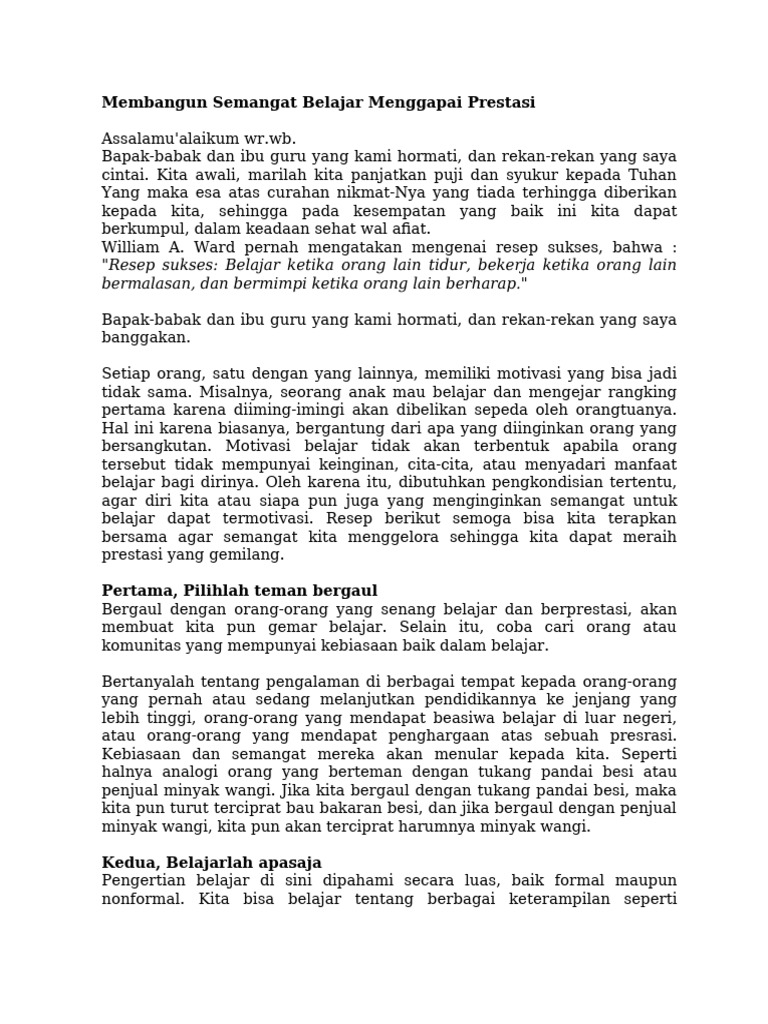 14 Contoh Pidato Membangun Semangat Belajar Menggapai Prestasi PDF