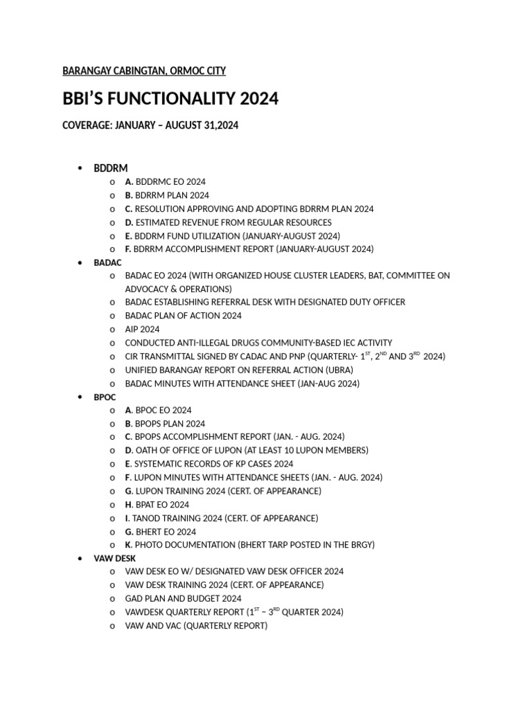 BBI Functionality 2024 Checklist | PDF