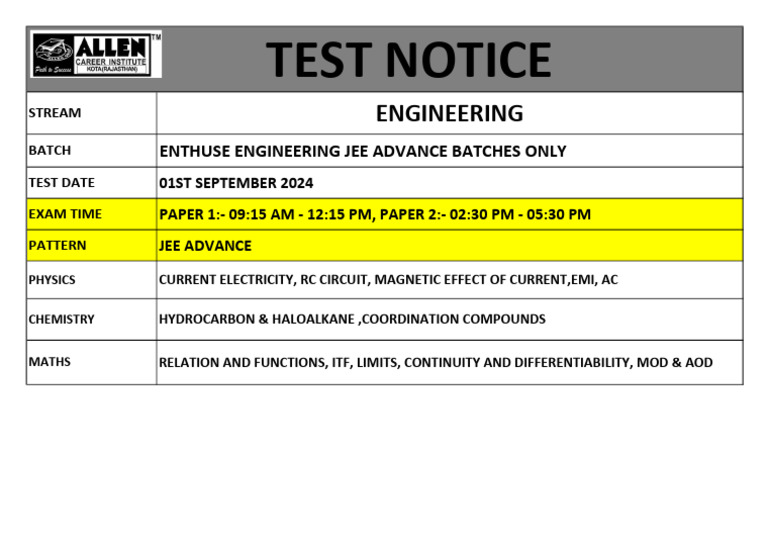 Section Test Notice - Enthuse Engineering Jee Advance Batches Only - 01 ...