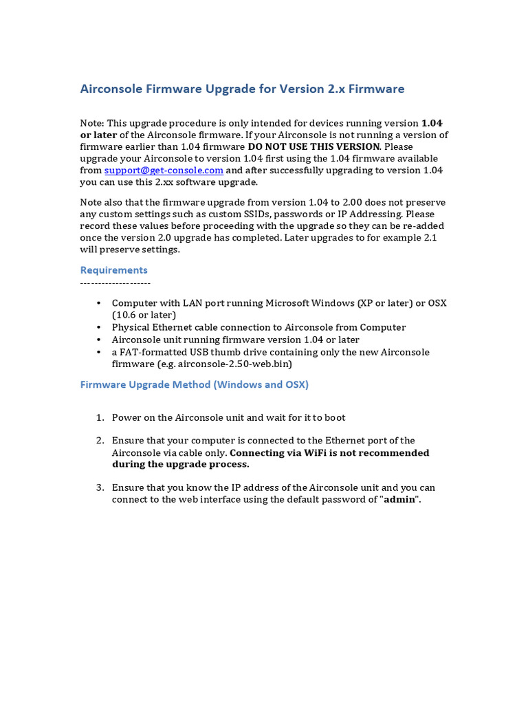 Airconsole Firmware Upgrade Instructions v2.5 | PDF